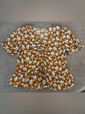 Anthropologie Pleione Floral Brown Ruched Peplum Blouse XL Feminine